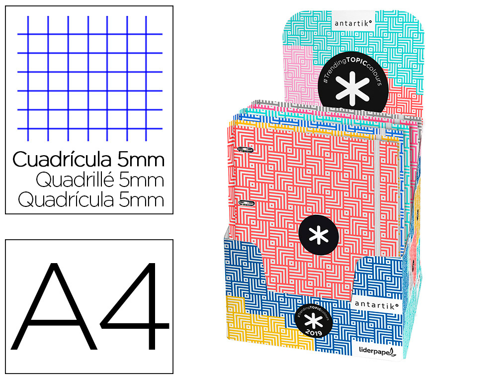 CARPETA LIDERPAPEL ANTARTIK CON RECAMBIO A4 CUADRO 5 MM FORRADA 4 ANILLAS 25 MM TRENDING TOPIC COLORES