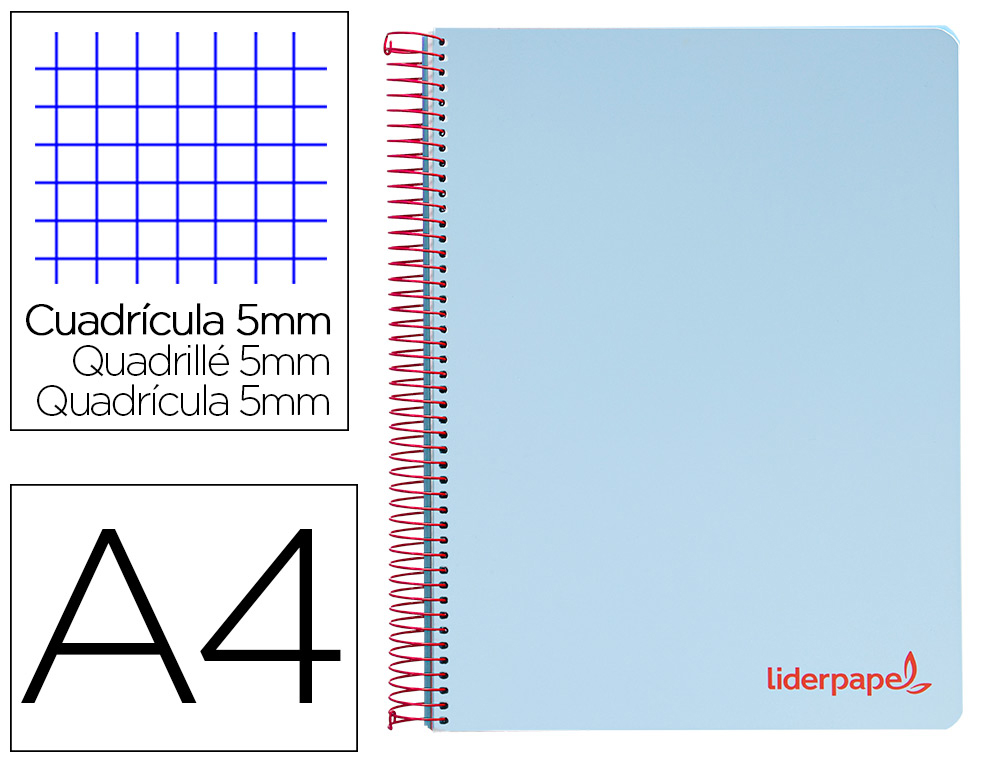 CUADERNO ESPIRAL LIDERPAPEL A4 MICRO WONDER TAPA PLASTICO 120H 90GR CUADRO 5MM 5 BANDA 4 TALADROS COLOR CELESTE