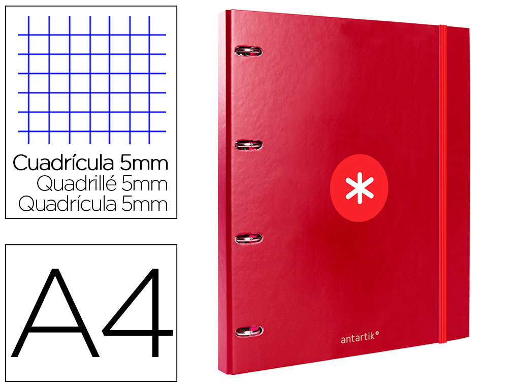 CARPETA CON RECAMBIO LIDERPAPEL ANTARTIK A4 CUADRO 5MM FORRADA 4 ANILLAS 25MM REDONDAS COLOR FRAMBUESA