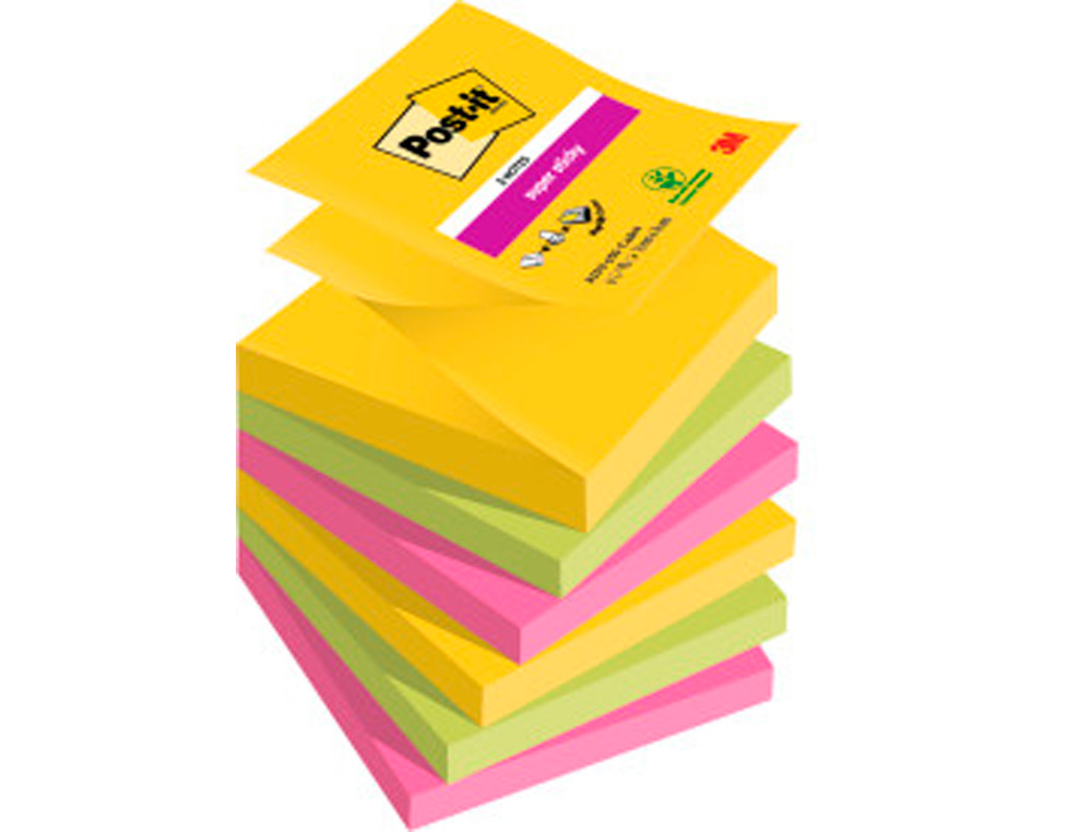 BLOC DE NOTAS ADHESIVAS QUITA Y PON POST-IT SUPER STICKY 76X76 MM CON 90 HOJAS PACK DE 6 BLOC COLORES SURTIDOS