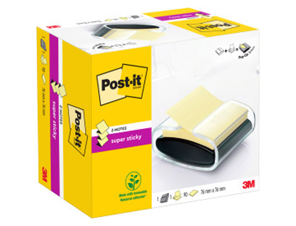 SOPORTE BLOC DE NOTAS ADHESIVAS QUITA Y PON POST-IT SUPER STICKY Z NOTES COLOR NEGRO CON 1 BLOC 76X76 MM