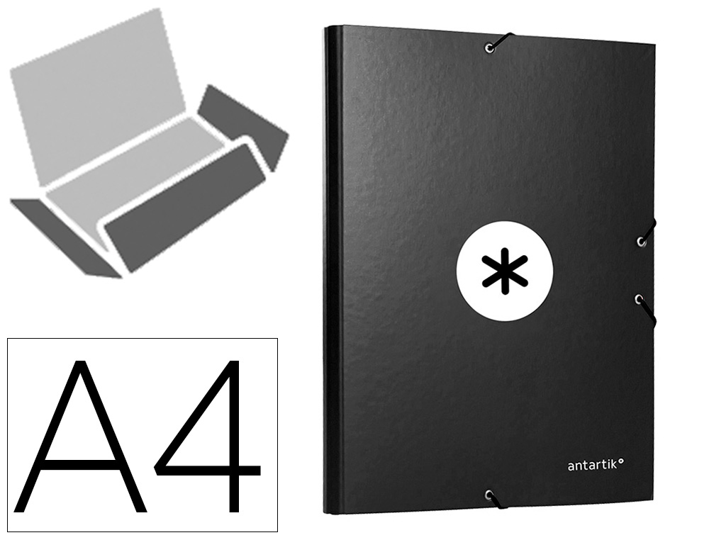 CARPETA LIDERPAPEL ANTARTIK GOMAS A4 3 SOLAPAS CARTON FORRADO COLOR NEGRO