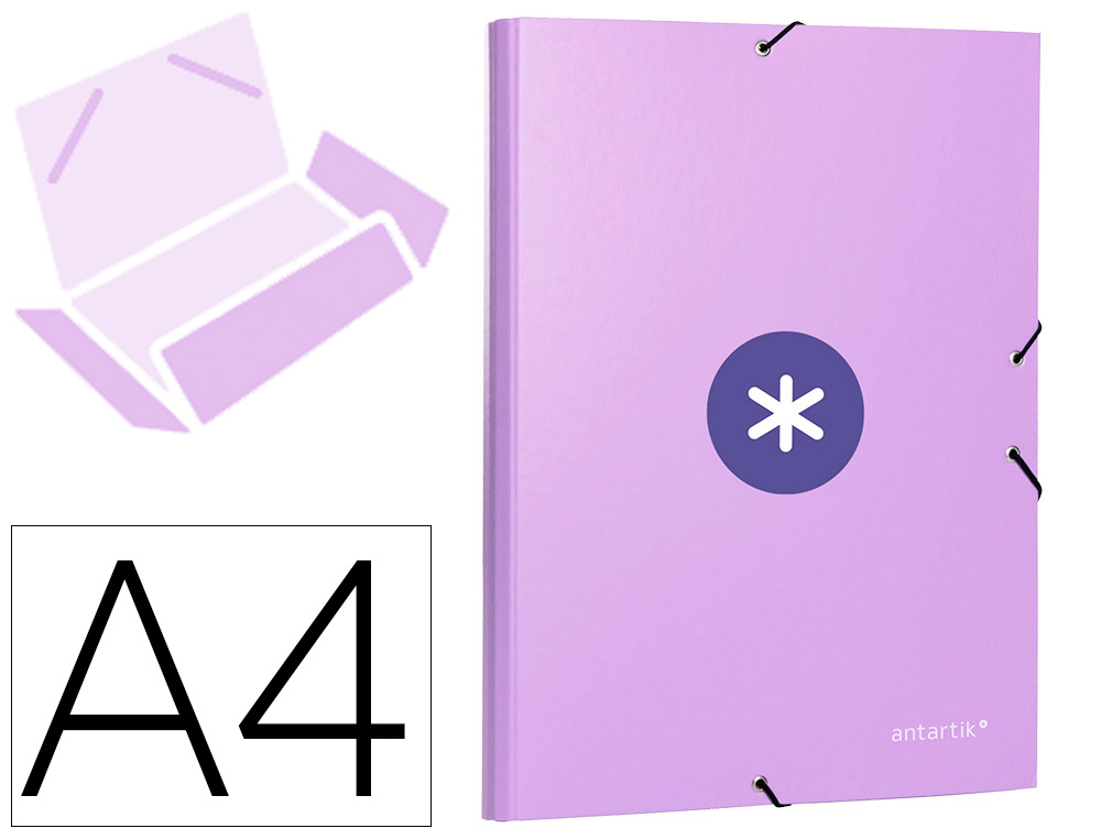 CARPETA LIDERPAPEL ANTARTIK GOMAS A4 3 SOLAPAS CARTON FORRADO COLOR LAVANDA