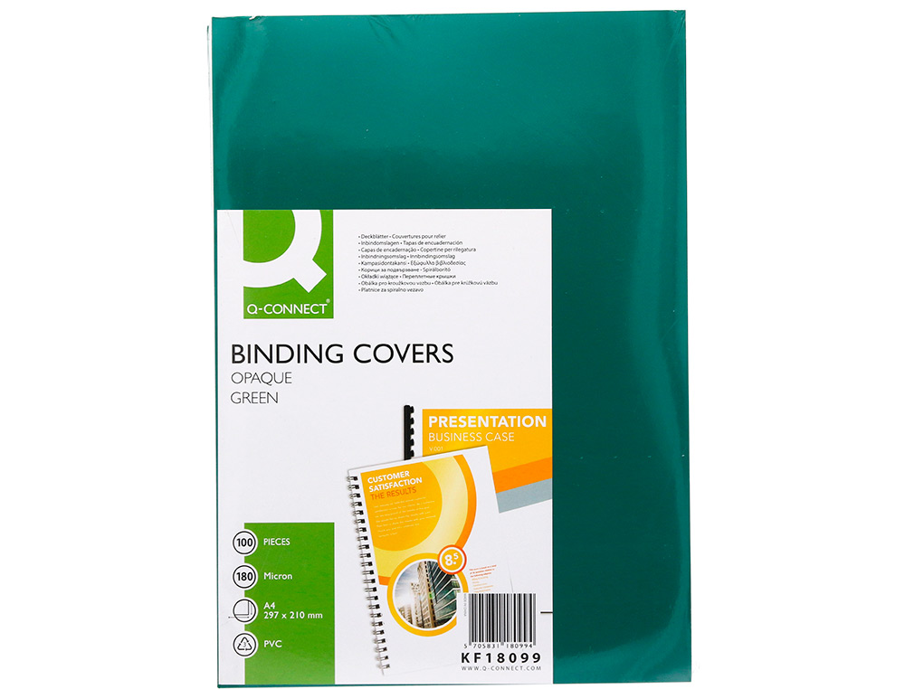 TAPA DE ENCUADERNACION Q-CONNECT PVC DIN A4 OPACA VERDE 180 MICRAS CAJA DE 100 UNIDADES