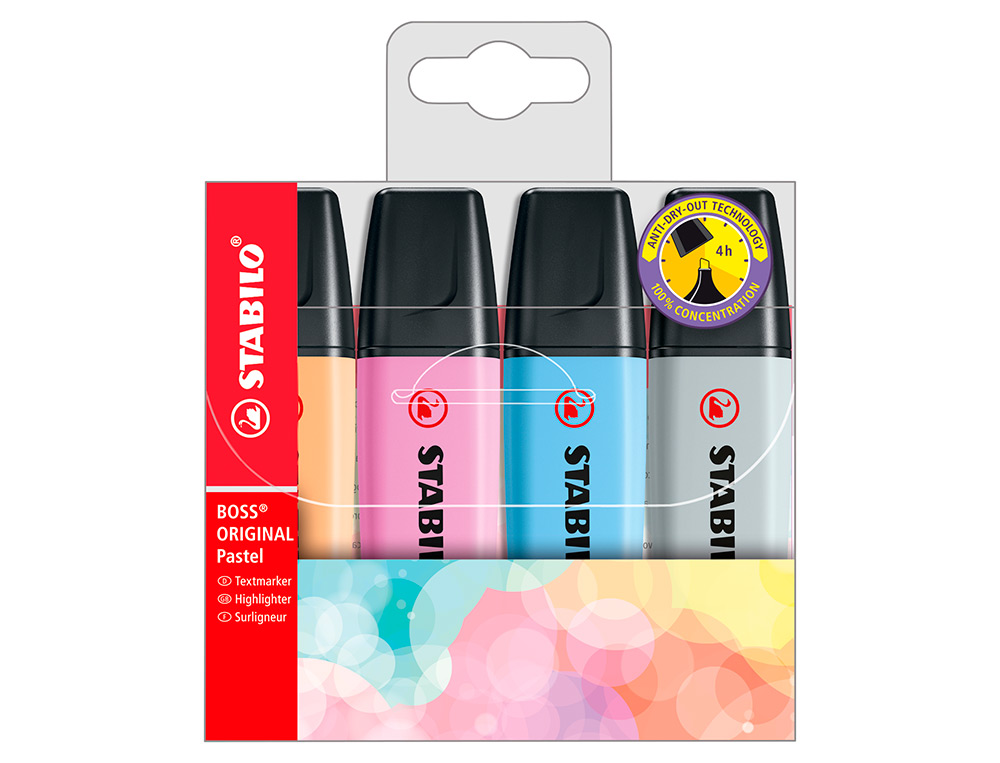ROTULADOR STABILO BOSS FLUORESCENTE 70 PASTEL ESTUCHE DE 4 UNIDADES COLORES SURTIDOS