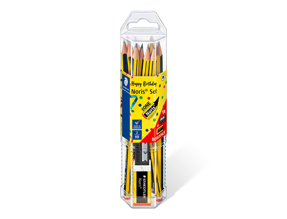 LAPICES DE GRAFITO STAEDTLER NORIS N.2 HB BLISTER PROMOCIONAL 120 ANIVERSARIO DE12 UDS + AFILALAPIZ + GOMA