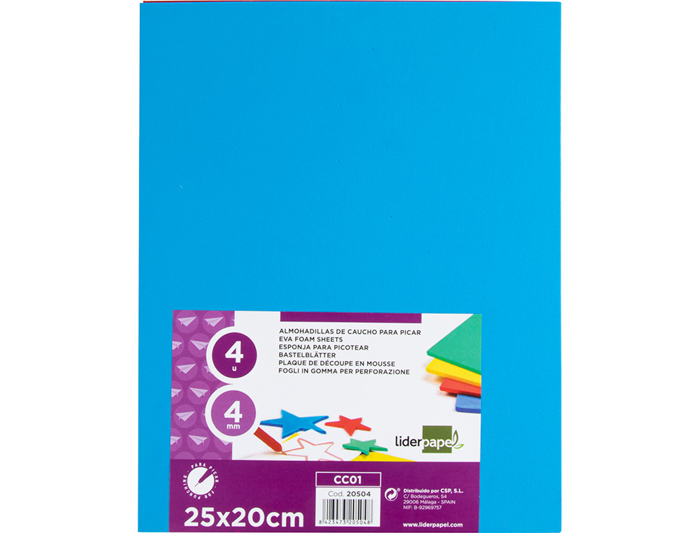 CAUCHO LIDERPAPEL 25X20 CM BOLSA DE 4 UNIDADES COLORES SURTIDOS