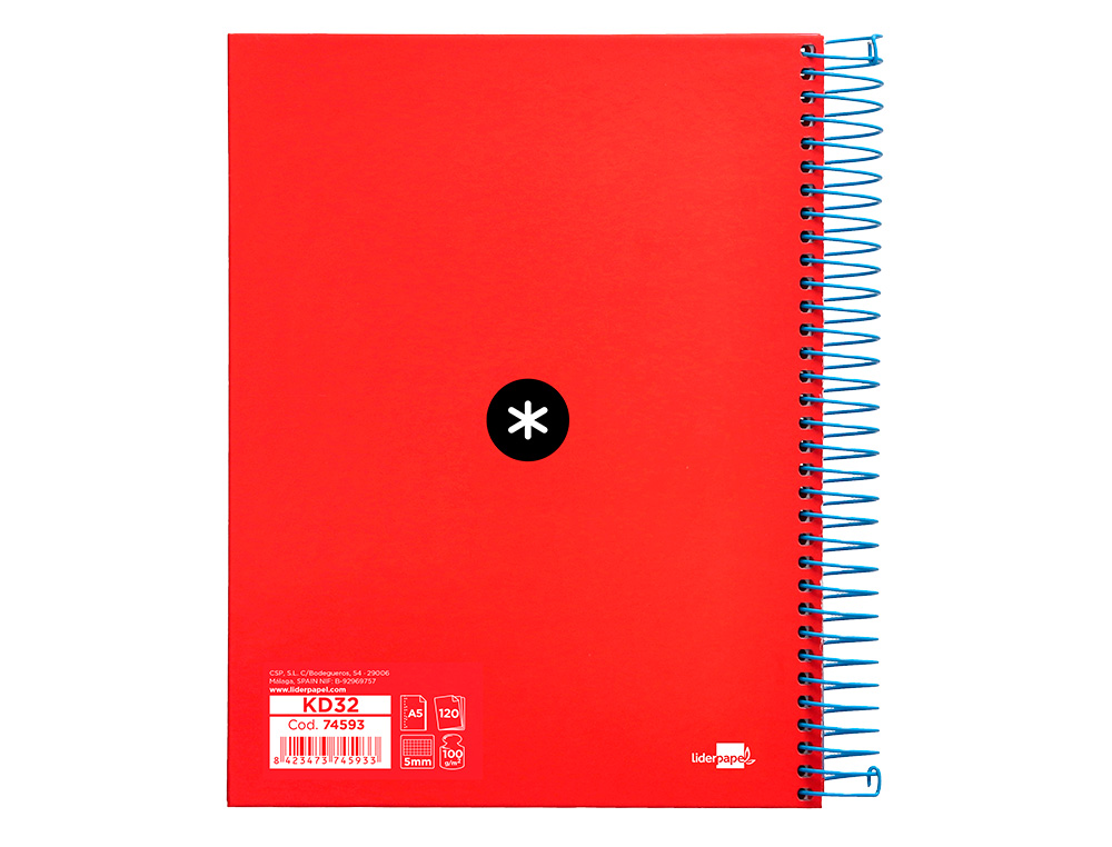 CUADERNO ESPIRAL A5 MICRO ANTARTIK TAPA FORRADA120H 90 GR CUADRO 5MM 5 BANDAS6 TALADROS COLOR ROJO