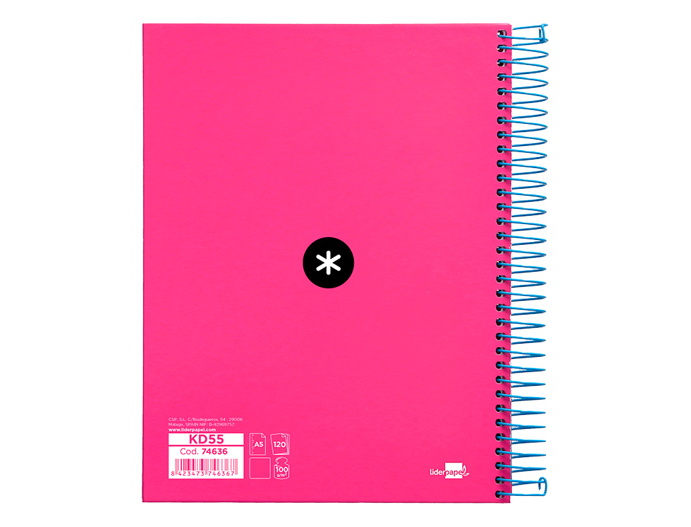 CUADERNO ESPIRAL A5 MICRO ANTARTIK TAPA FORRADA 120H 90 GR LISO CON BANDAS 6 TALADROS COLOR ROSA FLUOR