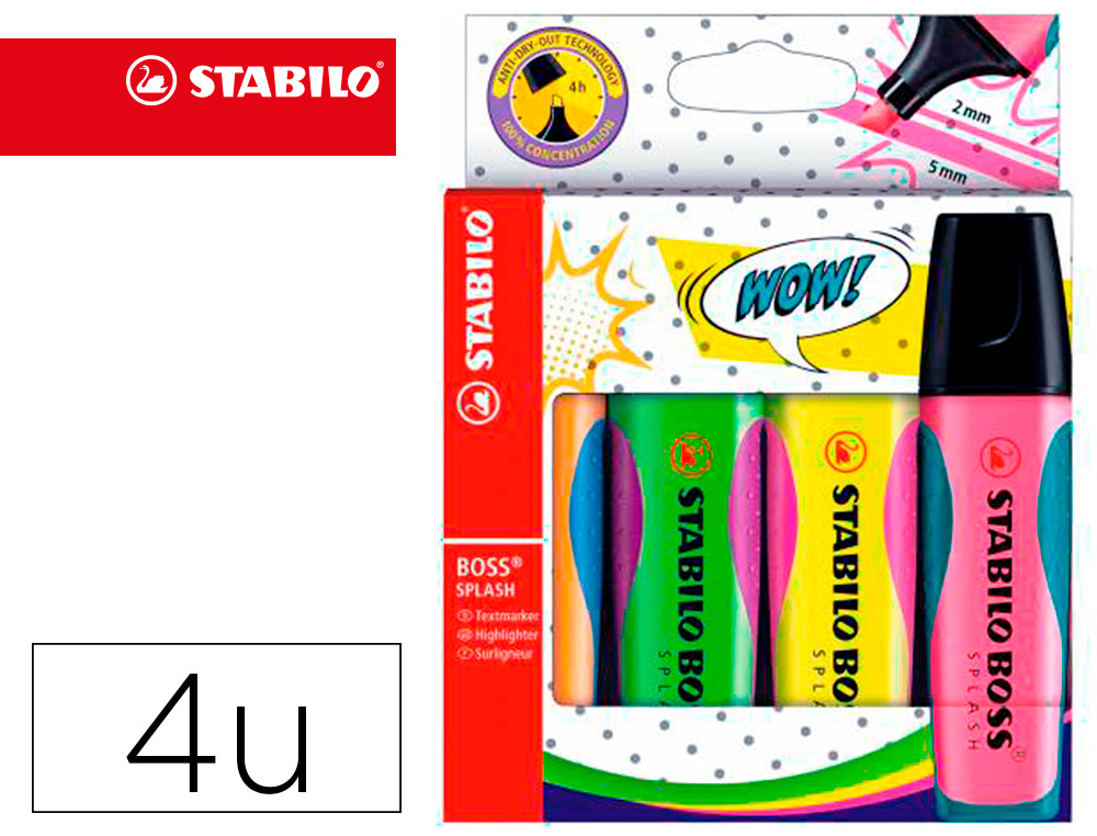ROTULADOR STABILO BOSS SPLASH 75 ESTUCHE DE 4 UNIDADES COLORES SURTIDOS