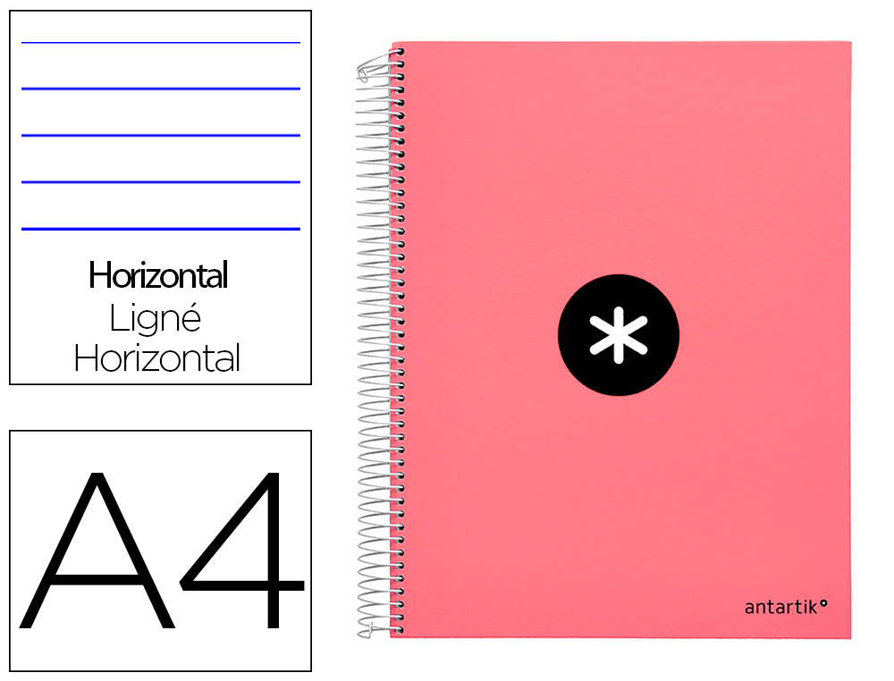 CUADERNO ESPIRAL A4 MICRO ANTARTIK TAPA FORRADA 120H 90 GR HORIZONTAL 5 BANDAS 4 TALADROS COLOR CORAL