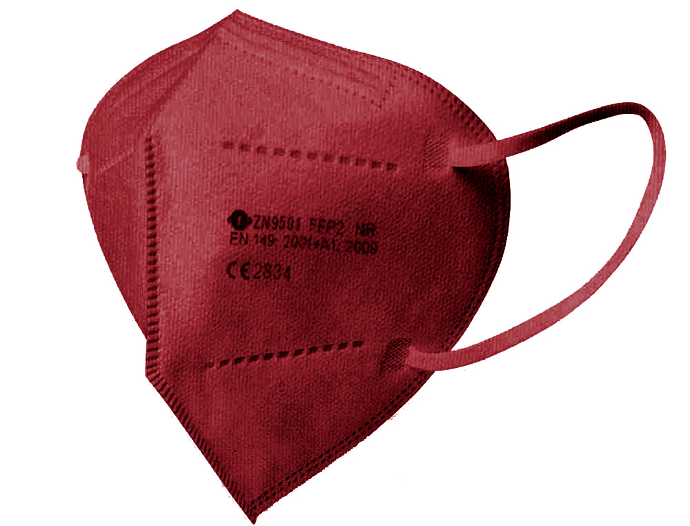 MASCARILLA FACIAL FFP2 AUTOFILTRANTE CERTIFICADO CE CON AJUSTE NASAL EMBOLSADA INDIVIDUALMENTE COLOR BURDEOS