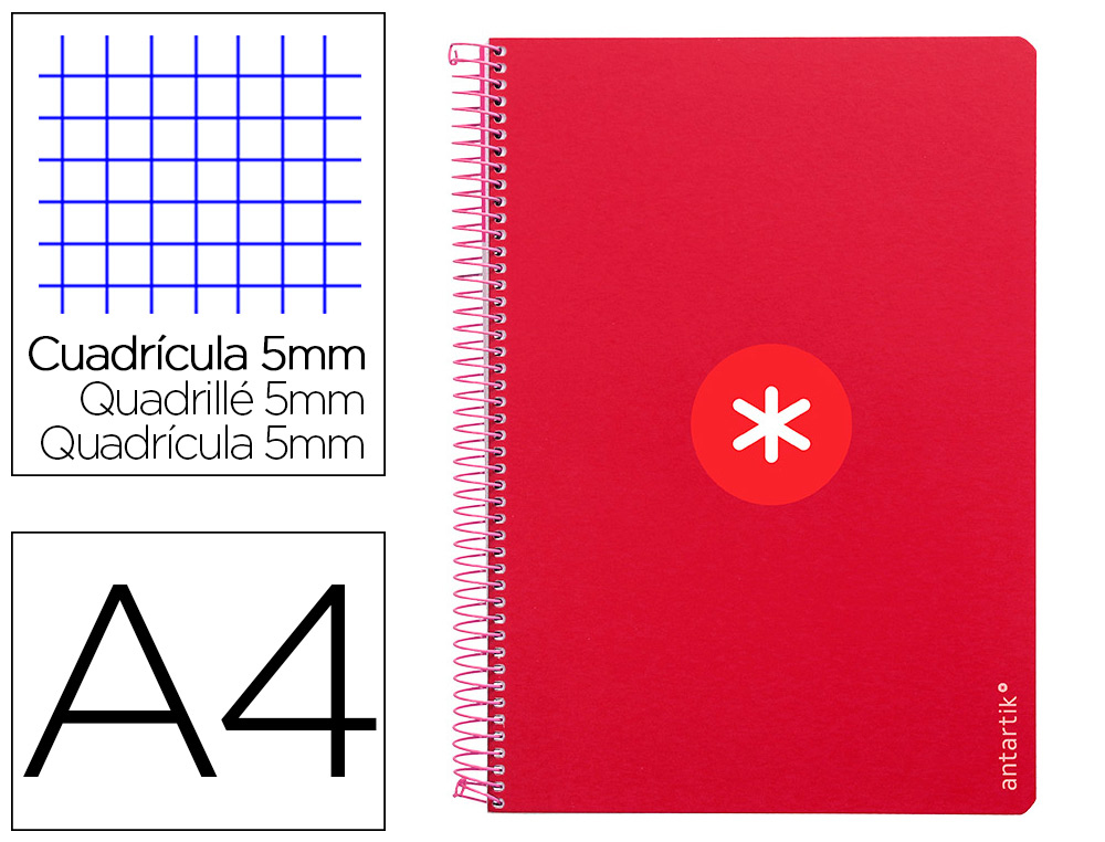 CUADERNO ESPIRAL ANTARTIK A4 MICRO TAPA DURA 80H 100GR CUADRO 5MM SIN BANDA4 TALADROS COLOR FRAMBUESA