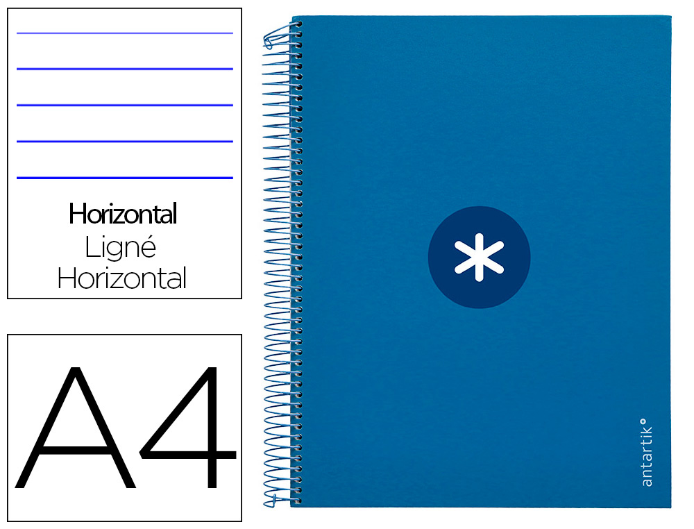 CUADERNO ESPIRAL A4 MICRO ANTARTIK TAPA FORRADA 120H 90 GR HORIZONTAL 5 BANDAS 4 TALADROS COLOR AZUL OSCURO