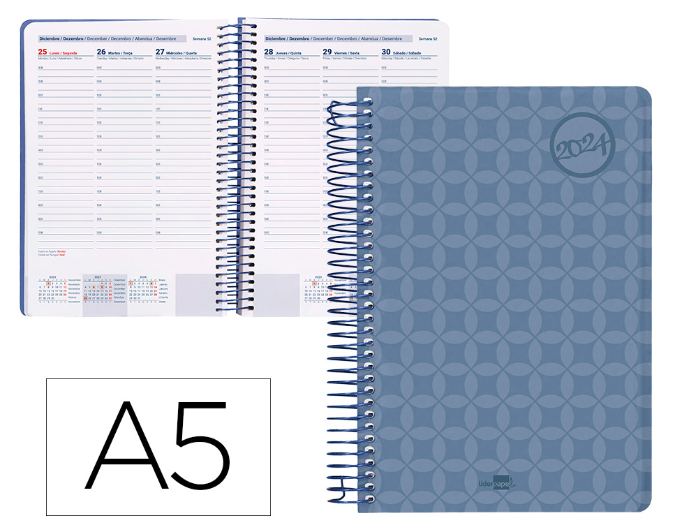 AGENDA ESPIRAL LIDERPAPEL CLASSIC A5 2024 SEMANA VISTA PORTADA POLIPROPILENO PAPEL 70 GR COLOR AZUL