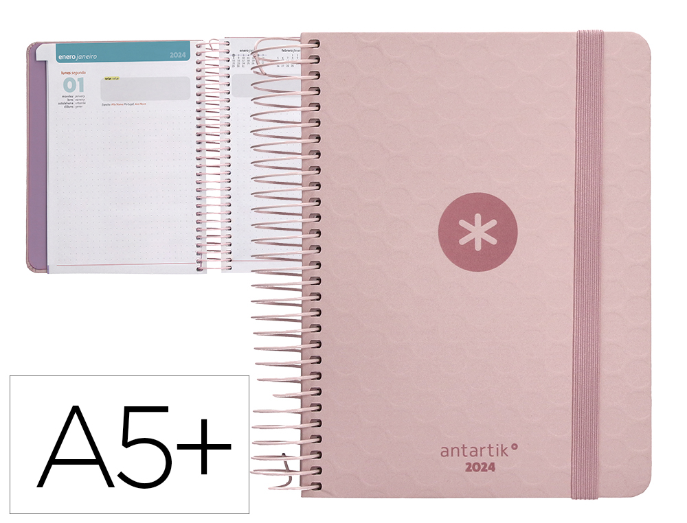 AGENDA DE OFICINA ANTARTIK A5+ 2024 DIA PAGINA 80 GR SOBRE Y 3 HOJAS DE PEGATINAS ROSA 165X215 MM