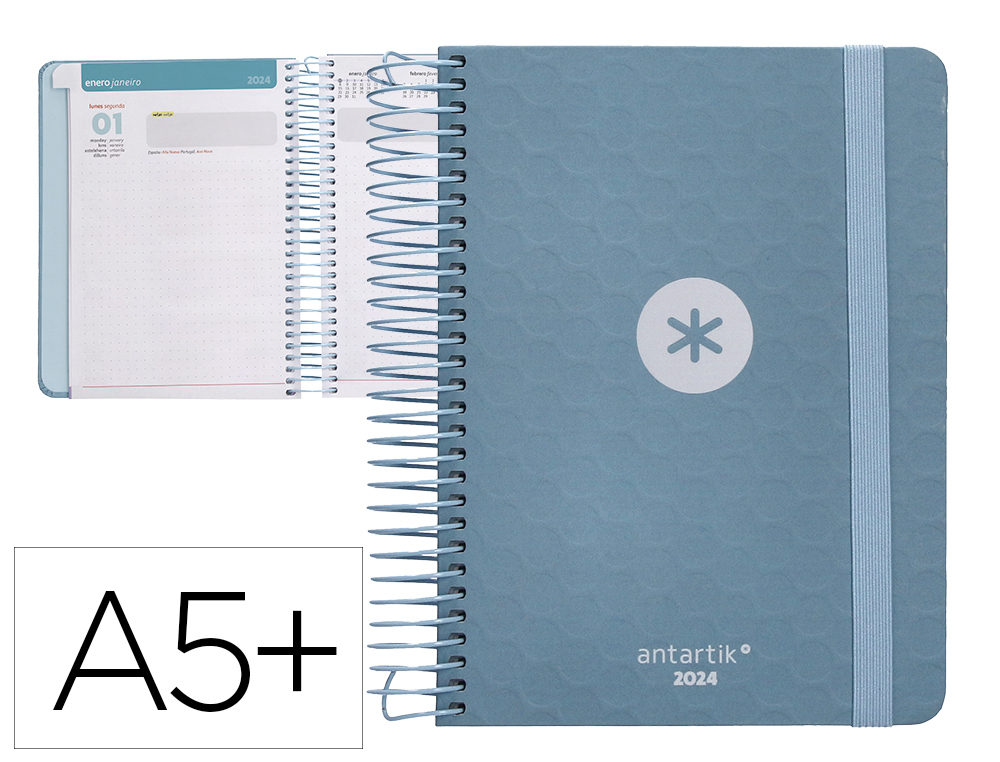 AGENDA DE OFICINA ANTARTIK A5+ 2024 DIA PAGINA 80 GR CON Y 3 HOJAS DE PEGATINAS AZUL 165X215 MM