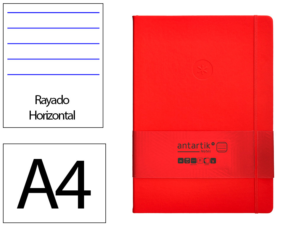 CUADERNO CON GOMILLA ANTARTIK NOTES TAPA DURA A4 HOJAS RAYAS ROJO 100 HOJAS 80 GR FSC