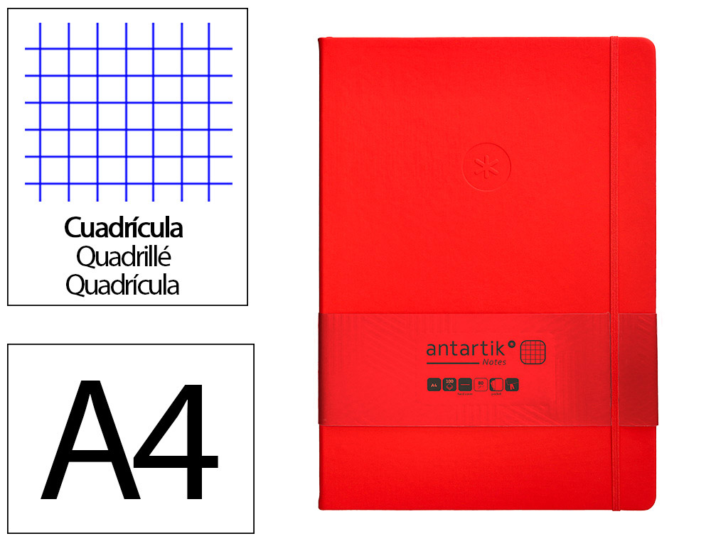 CUADERNO CON GOMILLA ANTARTIK NOTES TAPA DURA A4 HOJAS CUADRICULA ROJO 100 HOJAS 80 GR FSC