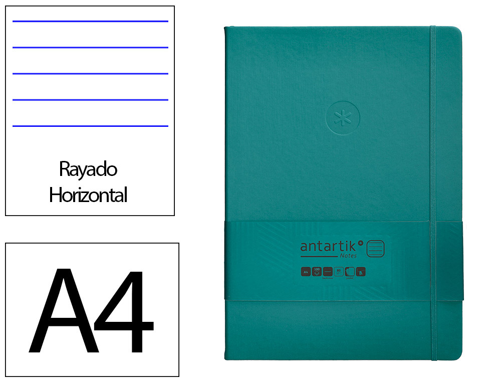 CUADERNO CON GOMILLA ANTARTIK NOTES TAPA DURA A4 HOJAS RAYAS VERDE AGUAMARINA 100 HOJAS 80 GR FSC