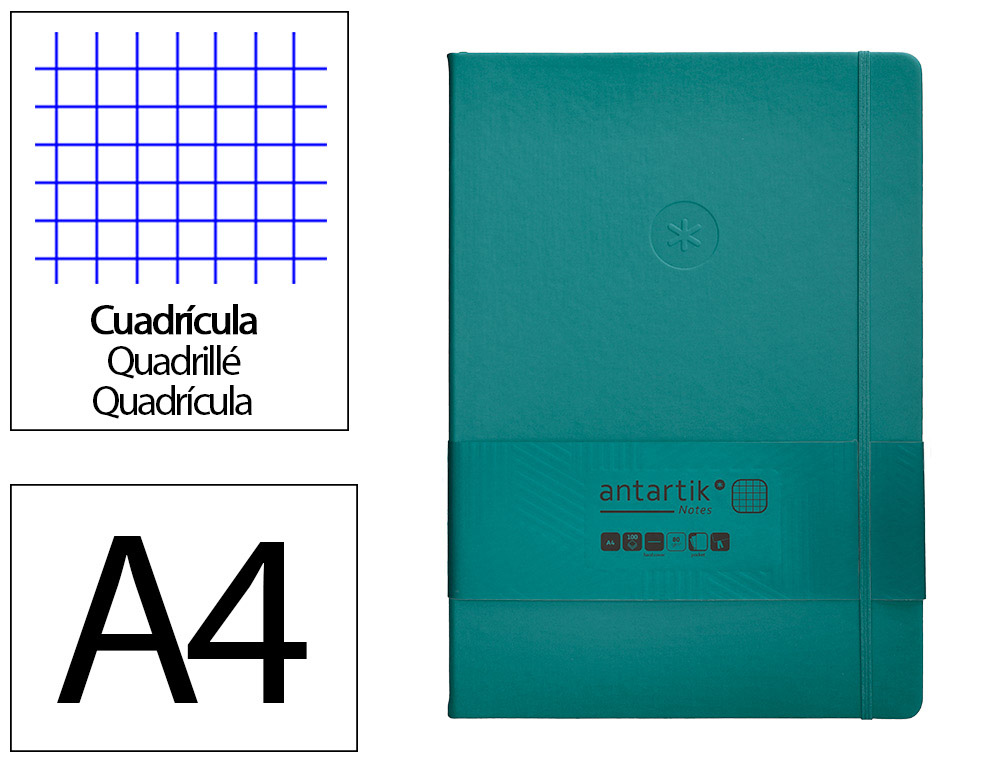 CUADERNO CON GOMILLA ANTARTIK NOTES TAPA DURA A4 HOJAS CUADRICULA VERDE AGUAMARINA 100 HOJAS 80 GR