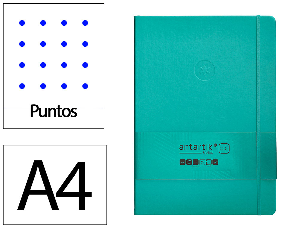 CUADERNO CON GOMILLA ANTARTIK NOTES TAPA DURA A4 HOJAS PUNTOS TURQUESA 100 HOJAS 80 GR FSC