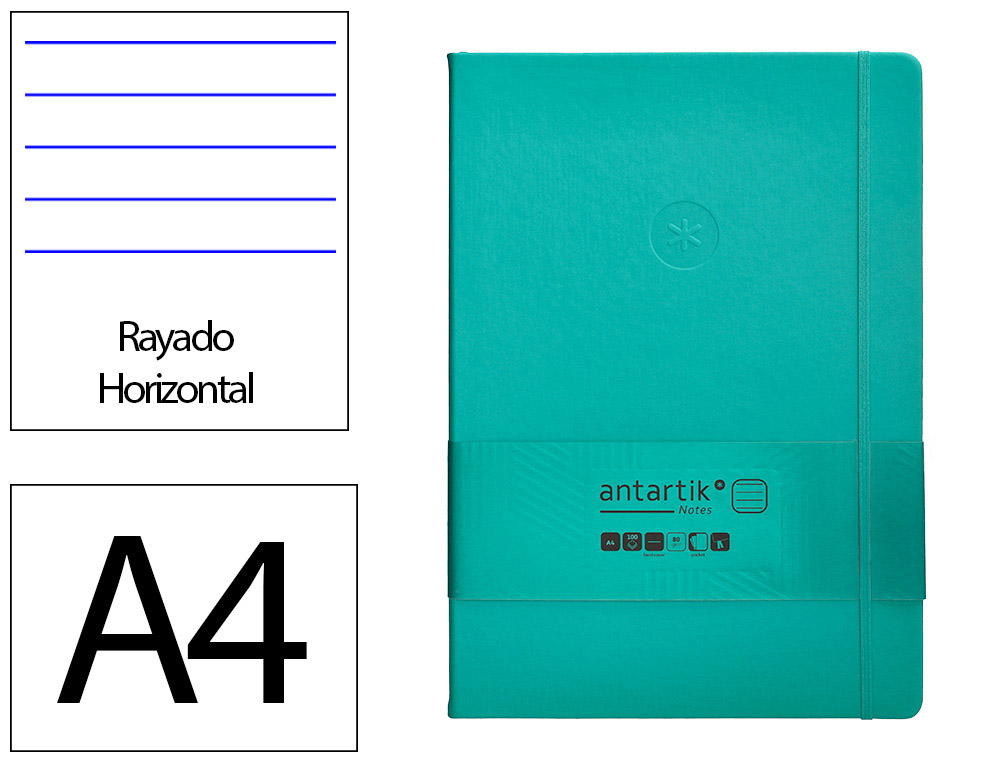 CUADERNO CON GOMILLA ANTARTIK NOTES TAPA DURA A4 HOJAS RAYAS TURQUESA 100 HOJAS 80 GR FSC