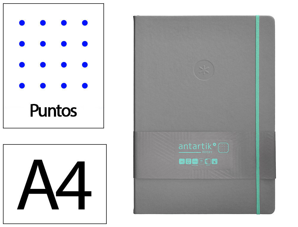 CUADERNO CON GOMILLA ANTARTIK NOTES TAPA DURA A4 HOJAS PUNTOS GRIS Y TURQUESA 100 HOJAS 80 GR FSC