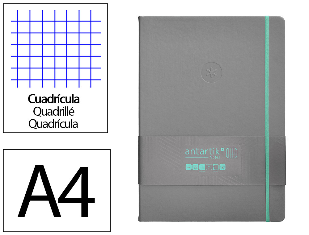 CUADERNO CON GOMILLA ANTARTIK NOTES TAPA DURA A4 HOJAS CUADRICULA GRIS Y TURQUESA 100 HOJAS 80 GR FSC