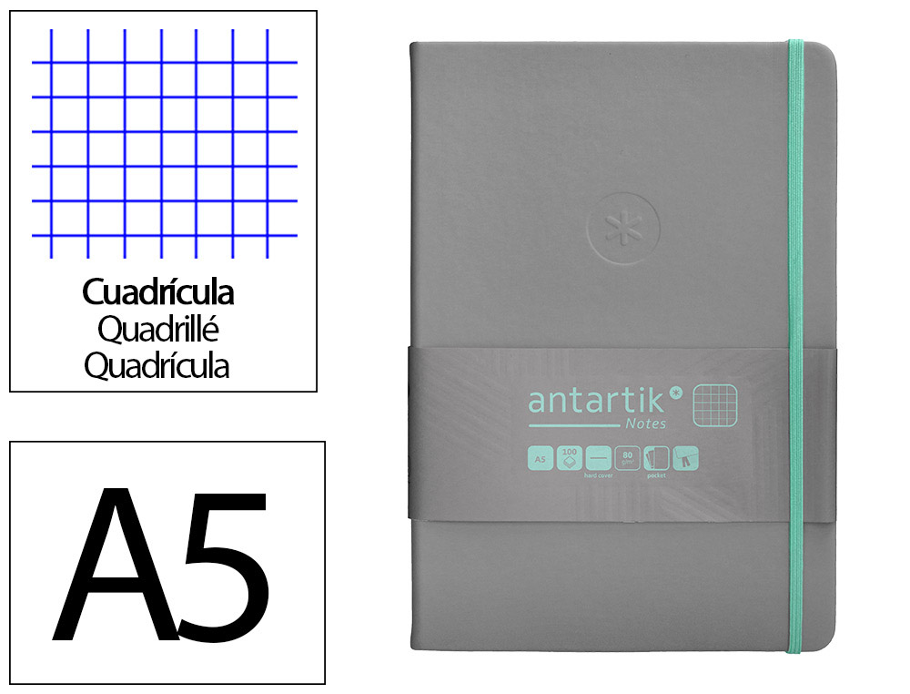 CUADERNO CON GOMILLA ANTARTIK NOTES TAPA DURA A5 HOJAS CUADRICULA GRIS Y TURQUESA 100 HOJAS 80 GR FSC