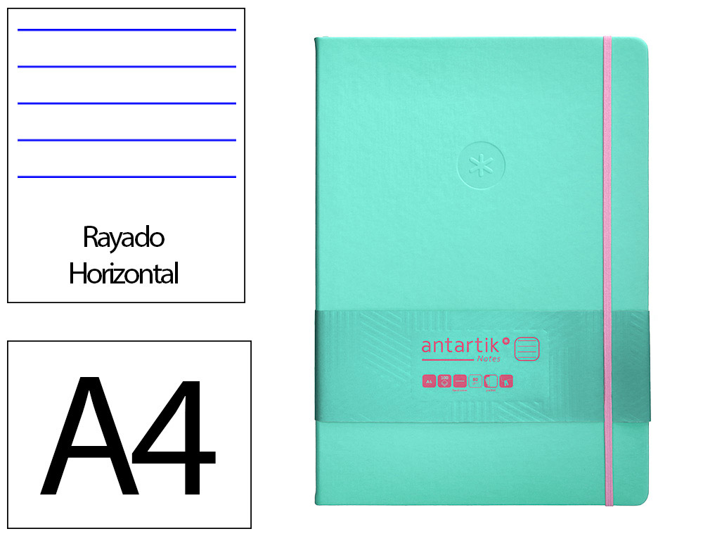 CUADERNO CON GOMILLA ANTARTIK NOTES TAPA DURA A4 HOJAS RAYAS ROSA Y TURQUESA 100 HOJAS 80 GR FSC