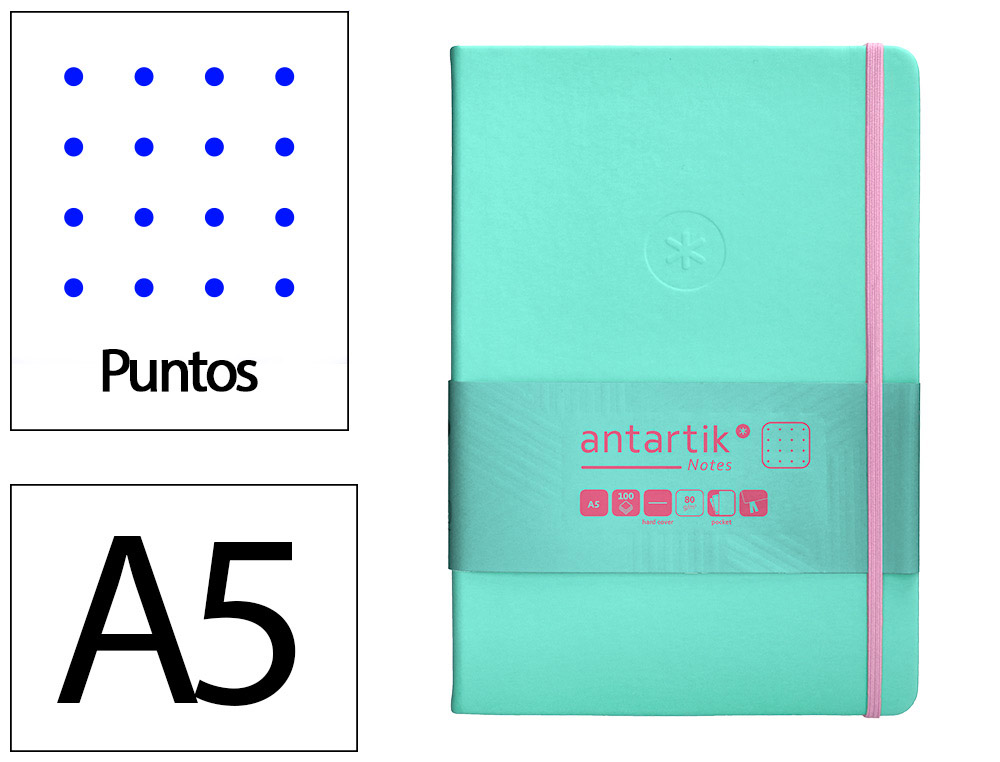 CUADERNO CON GOMILLA ANTARTIK NOTES TAPA DURA A5 HOJAS PUNTOS ROSA Y TURQUESA 100 HOJAS 80 GR FSC