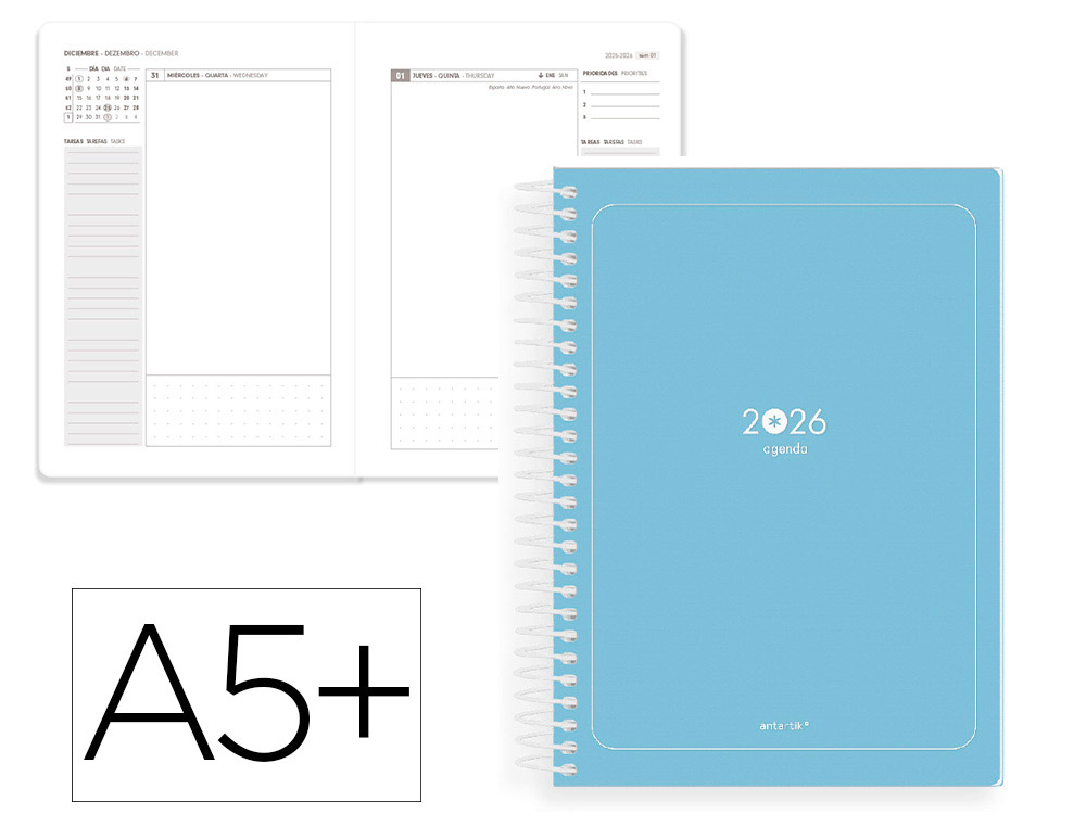 AGENDA ESPIRAL ANTARTIK ESSENTIALS A5+ 2026 DA PGINAAZUL CLARO PAPEL 80G FSC