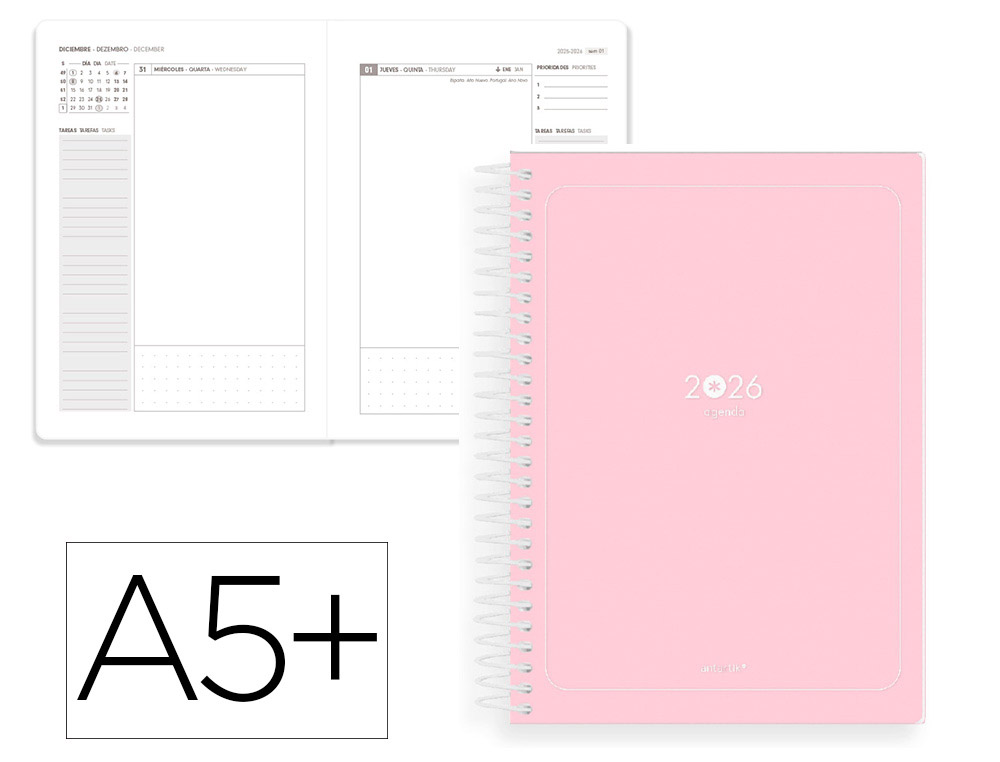 AGENDA ESPIRAL ANTARTIK ESSENTIALS A5+ 2026 DA PGINAROSA PAPEL 80G FSC