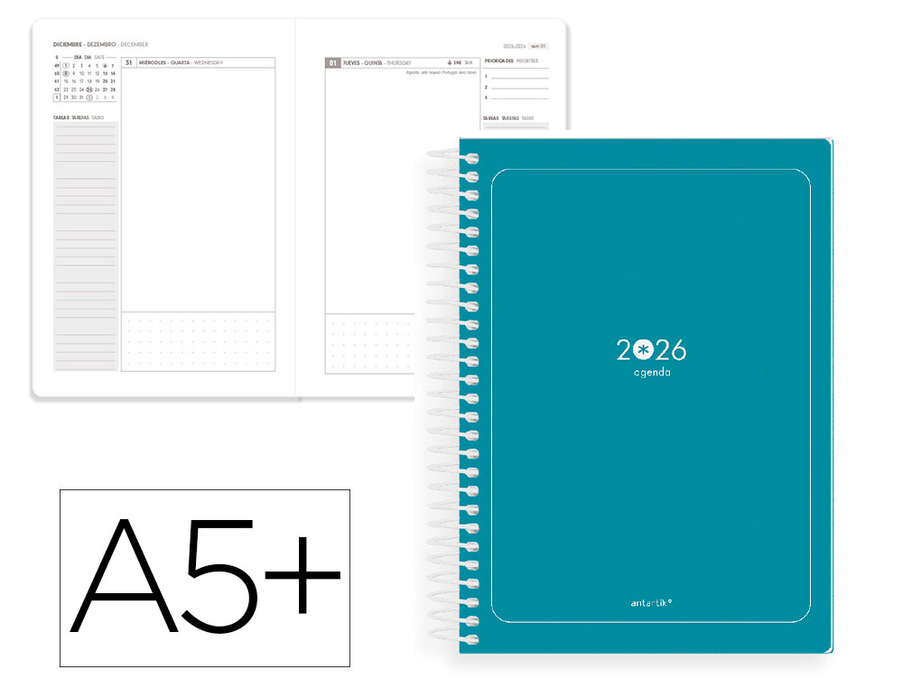 AGENDA ESPIRAL ANTARTIK ESSENTIALS A5+ 2026 DA PGINATURQUESA PAPEL 80G FSC