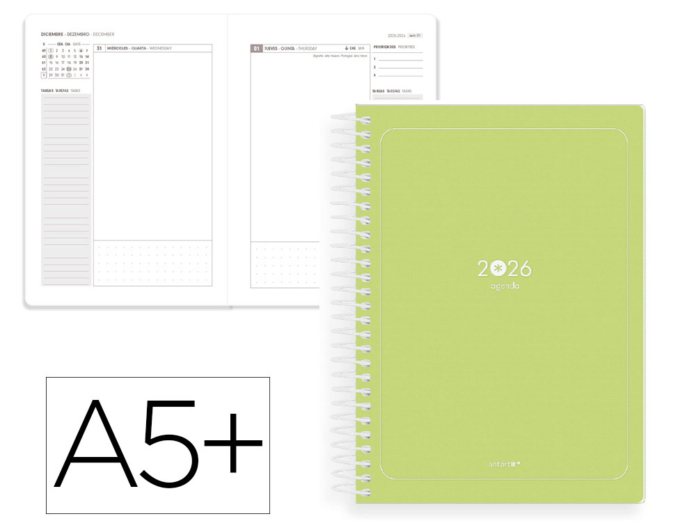AGENDA ESPIRAL ANTARTIK ESSENTIALS A5+ 2026 DA PGINAVERDE PAPEL 80G FSC