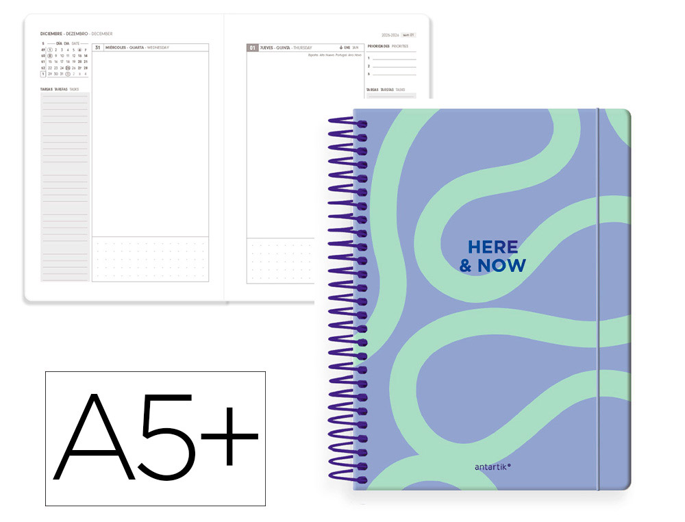 AGENDA ESPIRAL ANTARTIK HERE AND NOW A5+ 2026 DA PGINA MORADO PAPEL 80G FSC