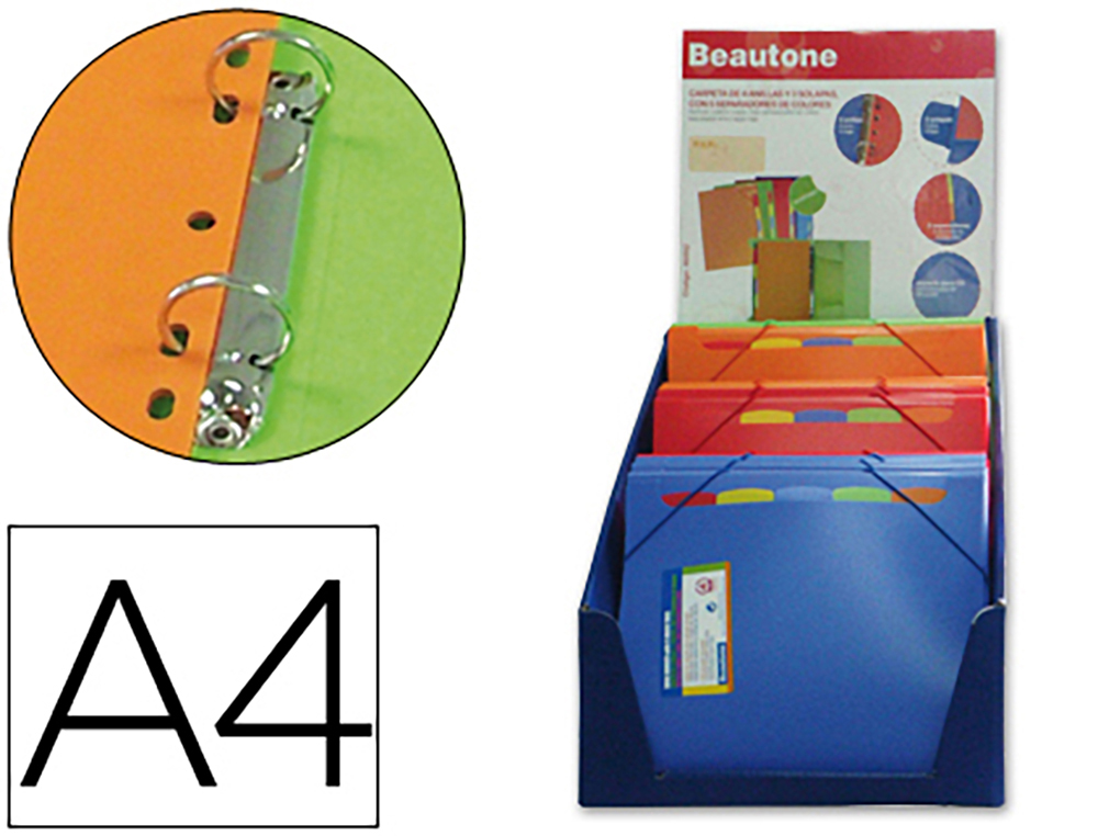 CARPETA BEAUTONE 4 ANILLAS 25 MM CON 5 SEPARADOR 3 SOLAPACIERRE GOMA POLIPROPILENO DIN A4 EXPOSITOR 12 UNIDADES