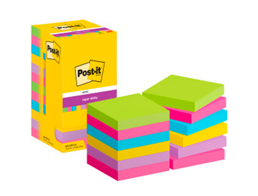 BLOC DE NOTAS ADHESIVAS QUITA Y PON POST-IT SUPER STICK ULTRA 76X76 MM PACK DE 12 BLOC VERDE ROSA AMARILLA