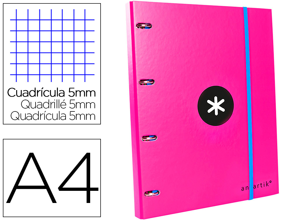 CARPETA CON RECAMBIO ANTARTIK A4 CUADRO 5MM FORRADA 4 ANILLAS 25MM REDONDAS COLOR ROSA
