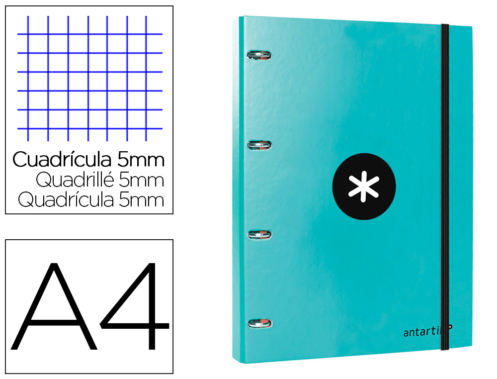 CARPETA CON RECAMBIO LIDERPAPEL ANTARTIK A4 CUADRO 5MM FORRADA 4 ANILLAS 25MM REDONDAS COLOR MENTA