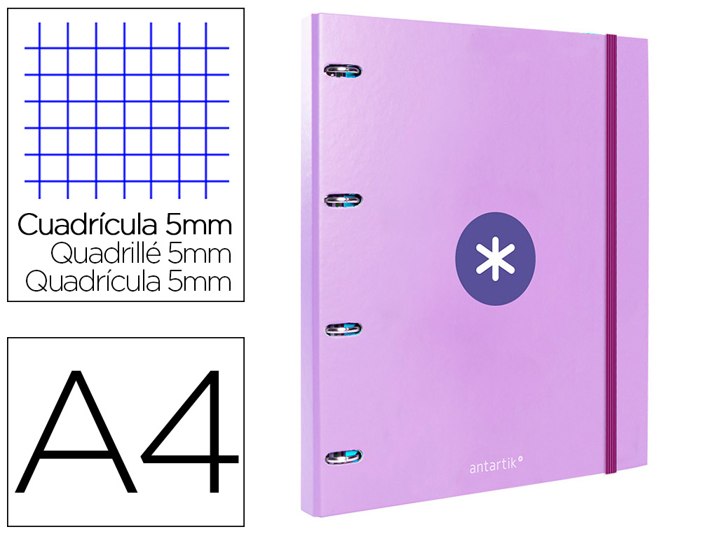CARPETA CON RECAMBIO LIDERPAPEL ANTARTIK A4 CUADRO 5MM FORRADA 4 ANILLAS 25MM REDONDAS COLOR LAVANDA