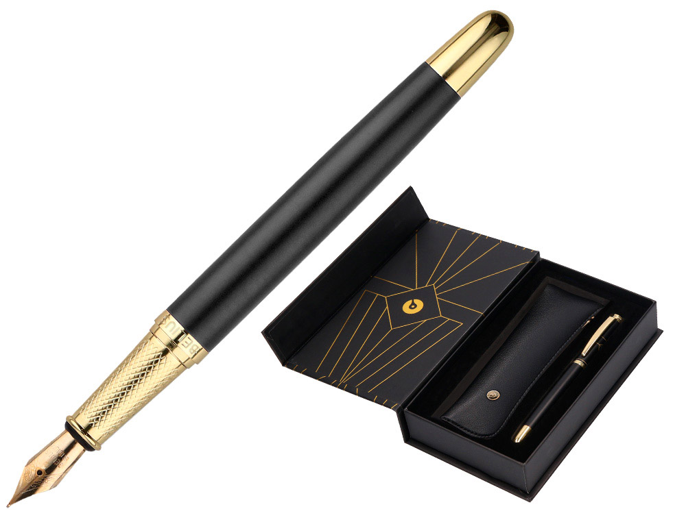 PLUMA Y ESTUCHE BELIUS SOIREE COLOR ART DECO NEGRO Y DORADO TINTA AZUL CAJA DE DISEO
