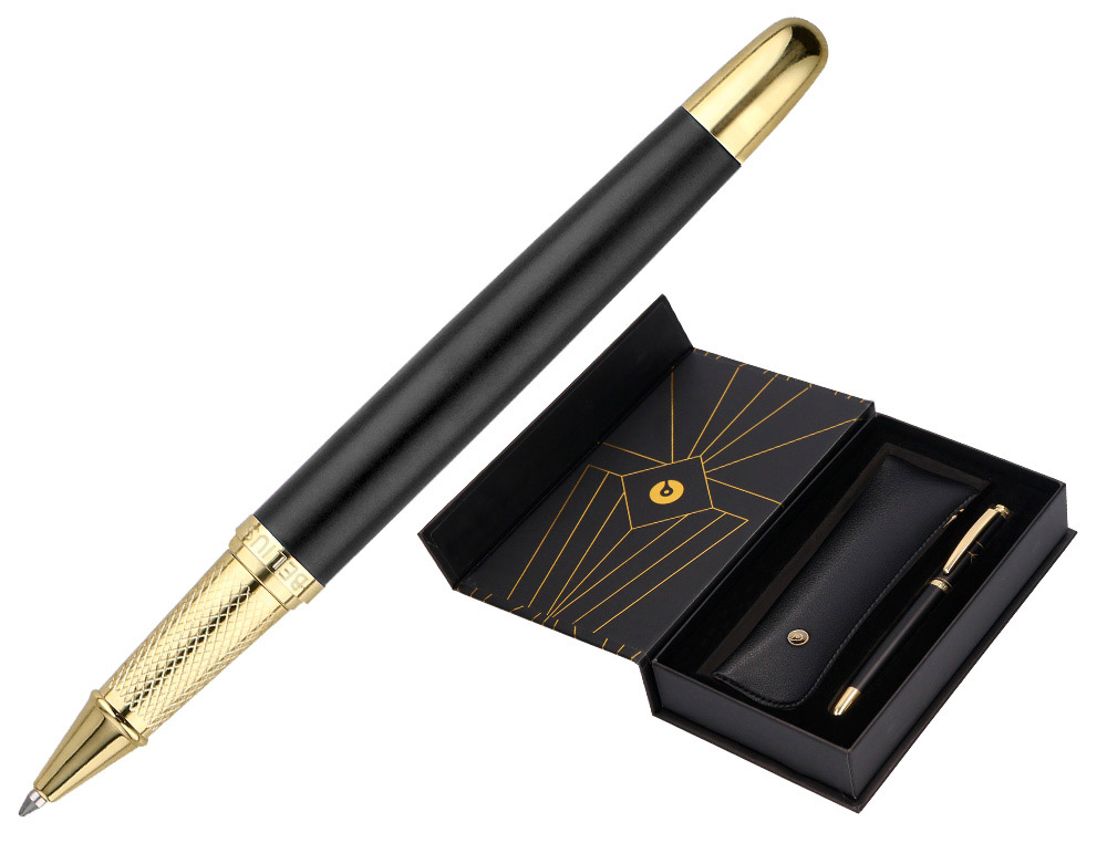 BOLIGRAFO Y ESTUCHE BELIUS SOIREE COLOR NEGRO Y DORADO TINTA AZUL CAJA DE DISEO